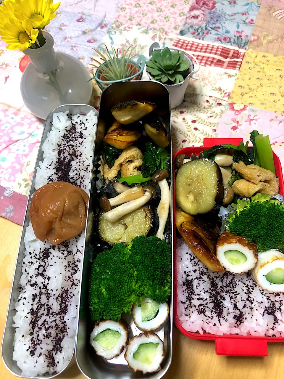 塩サバ　茄子としめじのマリネ　小松菜炒め煮　ちくわきゅうり　ブロッコリー🥦 弁当|Kumiko Kimuraさん