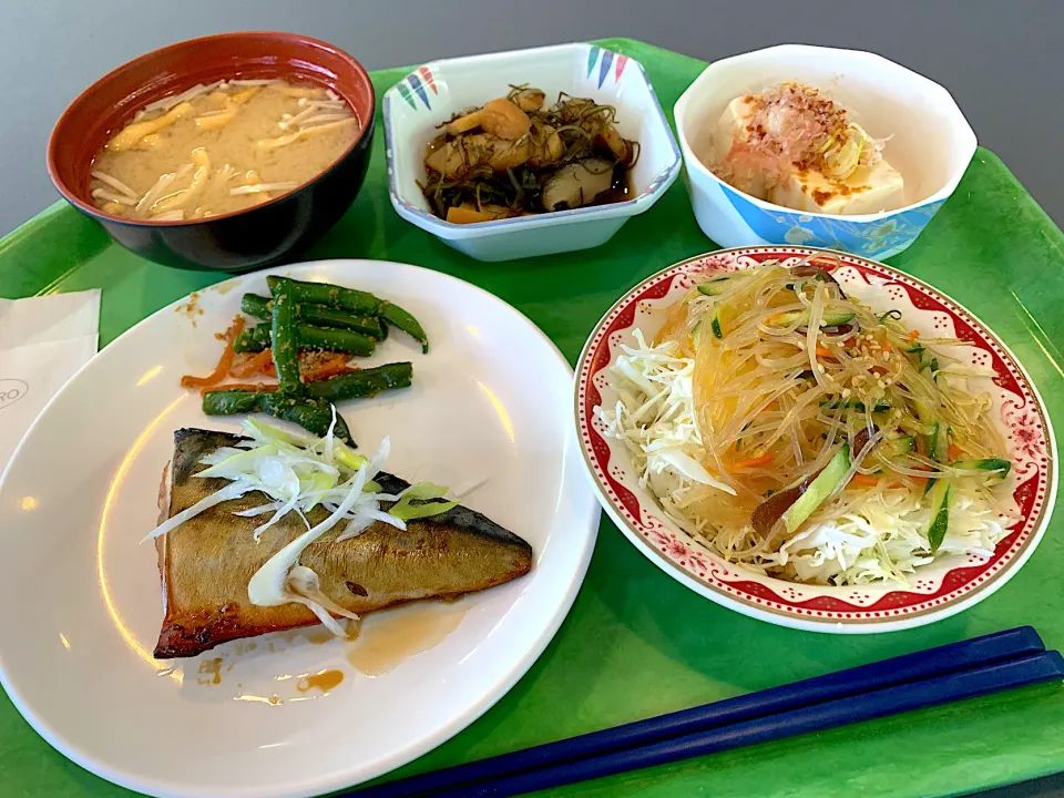 Snapdishの料理写真:鯖の生姜焼、冷奴、切昆布とさつま揚煮、春雨とキャベツのサラダ、味噌汁|Tadahiko Watanabeさん