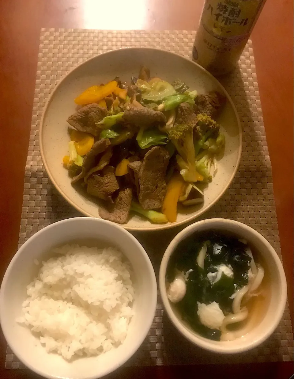 Today's Dinner🍴 お野菜たっぷりｶﾙﾋﾞ炒め･うずらの落とし卵おうどん(少な目)わかめｽｰﾌﾟ･白飯|🌈Ami🍻さん