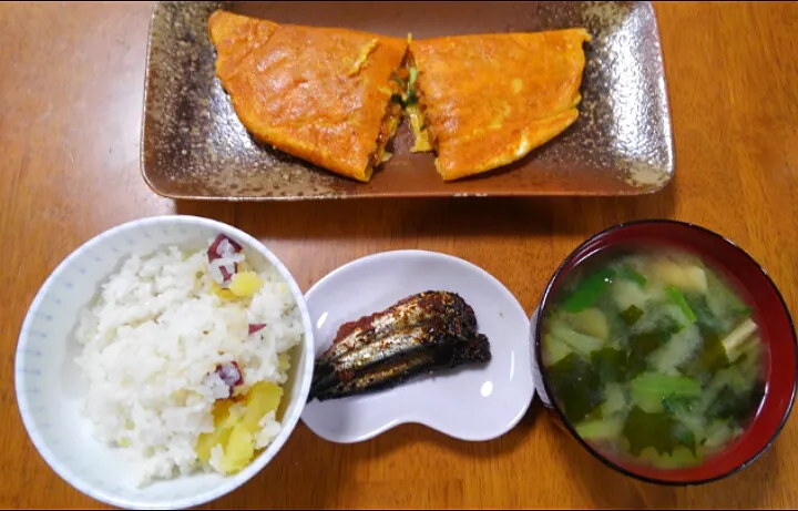 １２月２１日　さつまいもご飯　明太いわし　納豆オムレツ　チンゲン菜と油揚げのお味噌汁|いもこ。さん