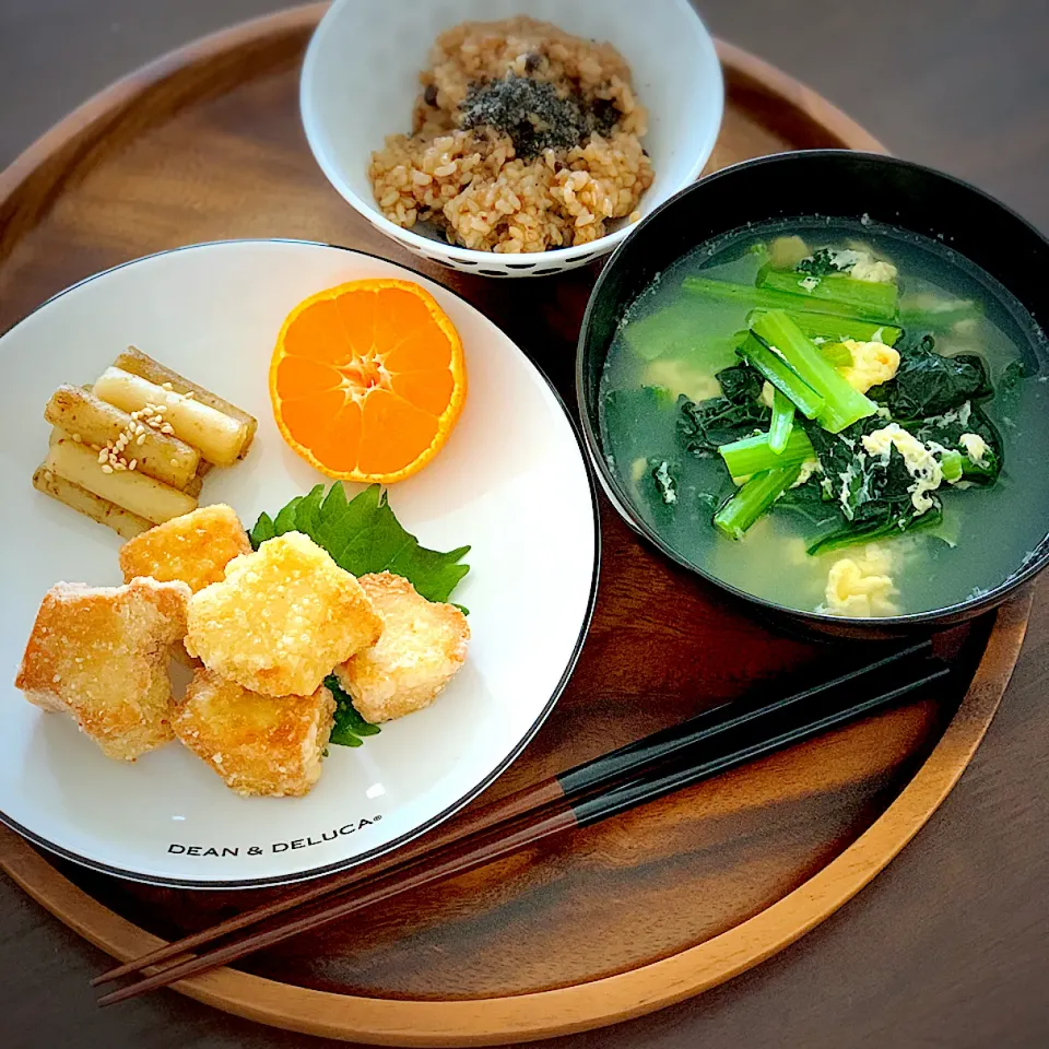 高野豆腐のから揚げ、雪菜と卵のスープ、寝かせ玄米ごはん|恭子さん