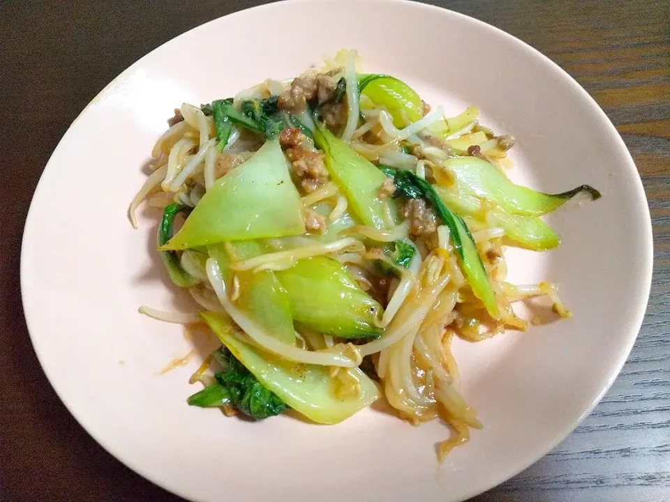 チンゲン菜ともやしの肉味噌炒め|じょうさん