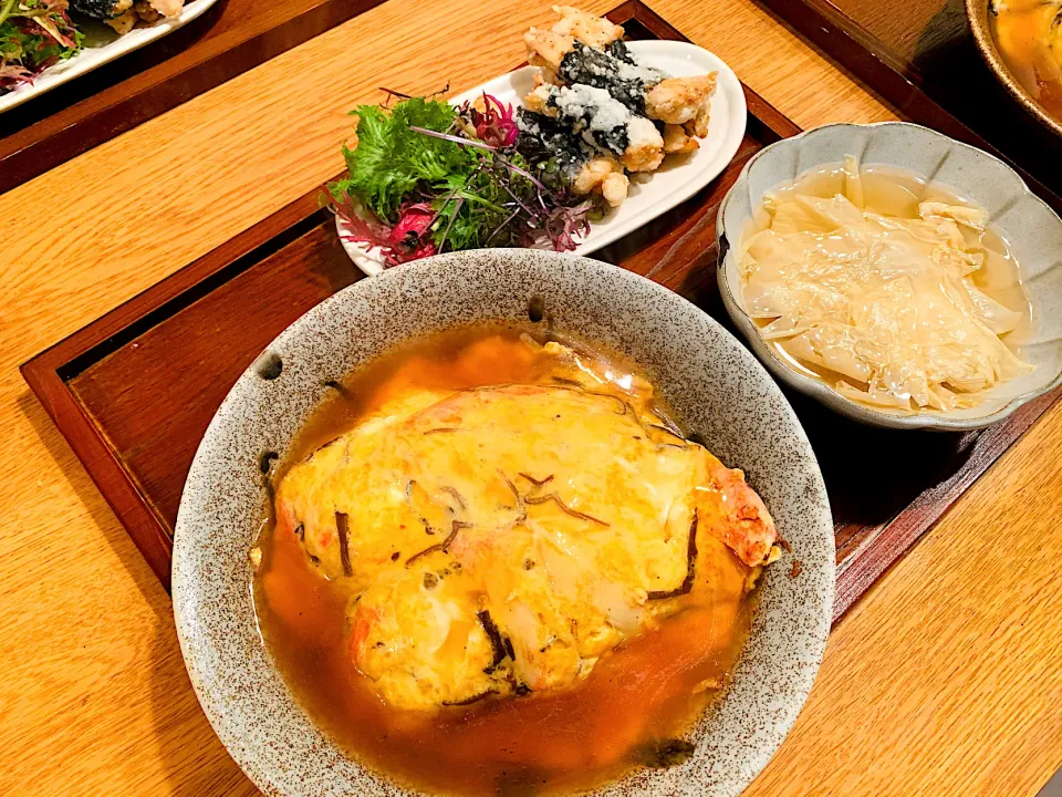 我が家の晩ごはん🍚天津飯、鶏胸肉の海苔巻き揚げ、湯葉のお吸い物|いちごさん