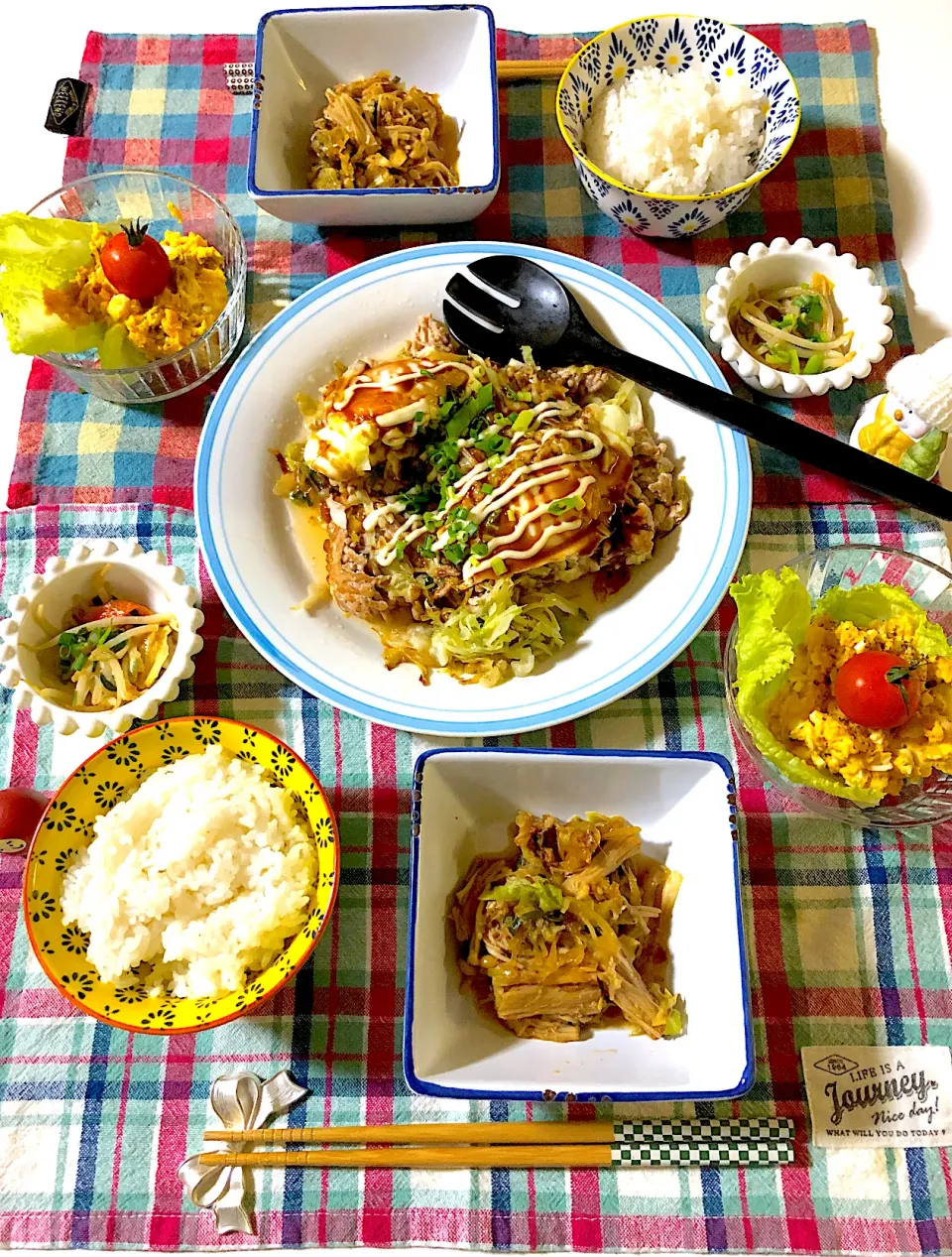 お好み焼き風ひき肉炒め、キャベツとえのきの胡麻和え、もやしの胡麻味噌炒め、かぼちゃサラダ|syamさん