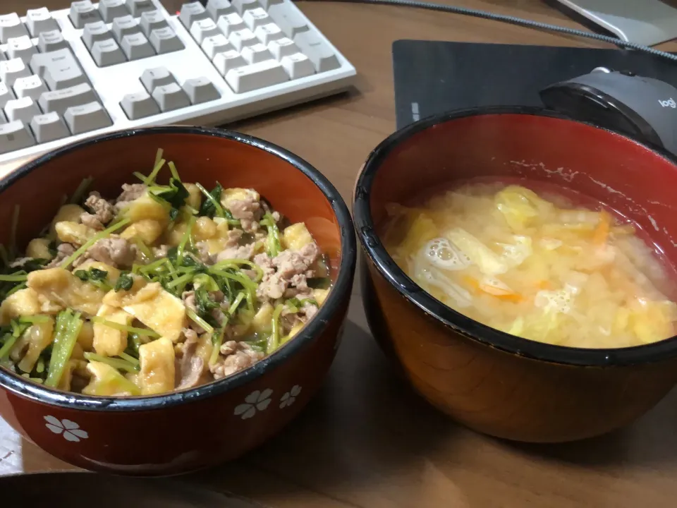 水菜と豚肉の煮物・白菜と人参の味噌汁|a-parkさん