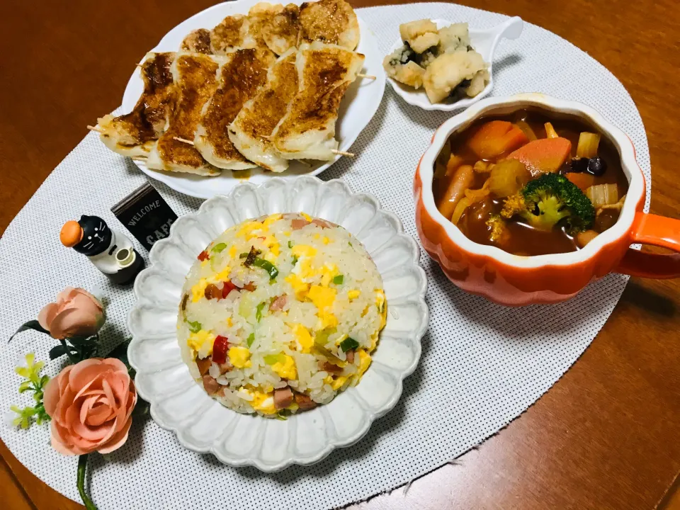 Snapdishの料理写真:「チャーハン」と「ミネストローネ」と「竹輪と山芋の蒲焼き風」と「鱧の酢みそ和え」|バシュランさん