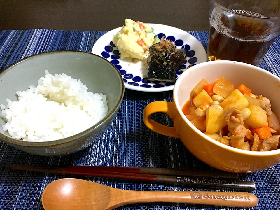 ポークビーンズ、焼きなす風、ポテトサラダ|ちぐあささん