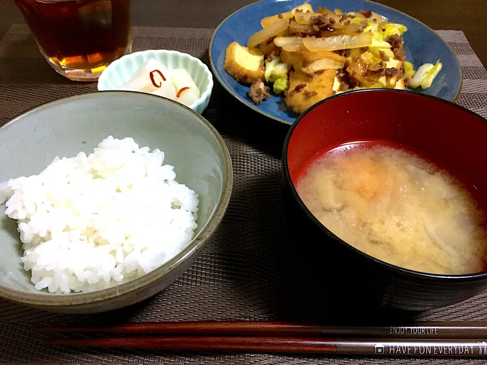 厚揚げとひき肉のカレー風味、大根の昆布漬け、味噌汁|ちぐあささん