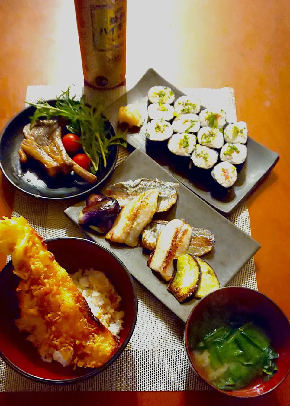 ﾗﾑﾁｮｯﾌﾟ･鯵と茄子の薄塩出汁焼き･葱とろ巻き･穴子天丼･ほうれん草のお味噌汁|🌈Ami🍻さん