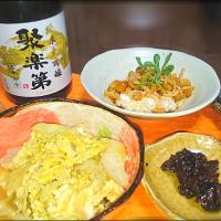 キャベツの卵とじ🌱
  なめこと長芋🍄
  穴子の佃煮
  佐々木酒造のお酒🍶
