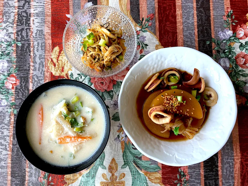 イカと大根の煮物　ササミと切り干し大根の胡麻酢サラダ　粕汁|Ayuさん