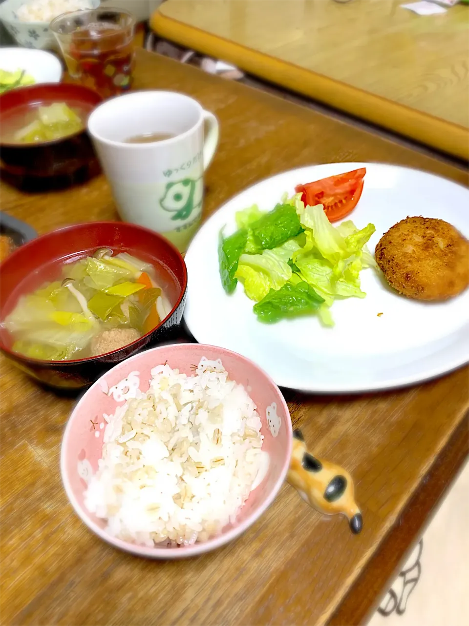 メンチカツ・チョレギサラダ・中華スープ・もち麦ご飯|ちびろ菌さん