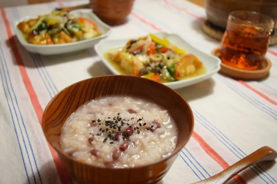 小豆粥と揚げ餃子の野菜あんかけ|うにんぱすさん