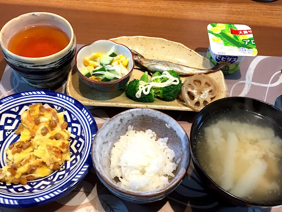 朝ごはん
焼きししゃも、コーンときゅうりと玉ねぎのコールスローサラダ、ブロッコリー、レンコンきんぴら、白米、納豆オムレツ、大根と揚げの味噌汁、アロエヨーグルト、ルイボスティー|かよちゃんさん