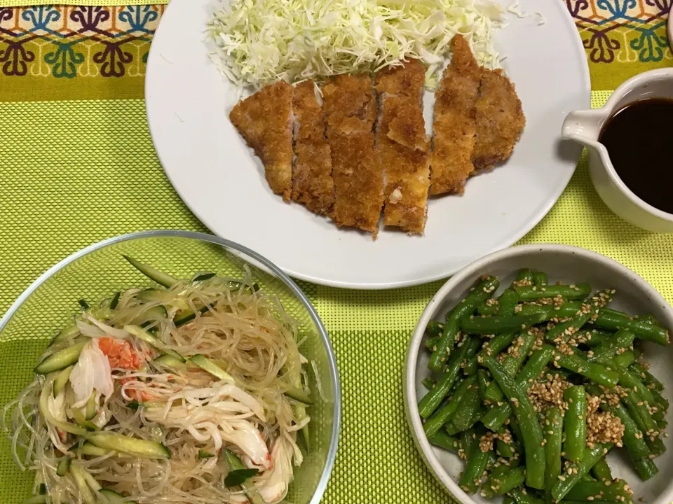 とんかつ、春雨サラダ、いんげんごま和え|peanutsさん