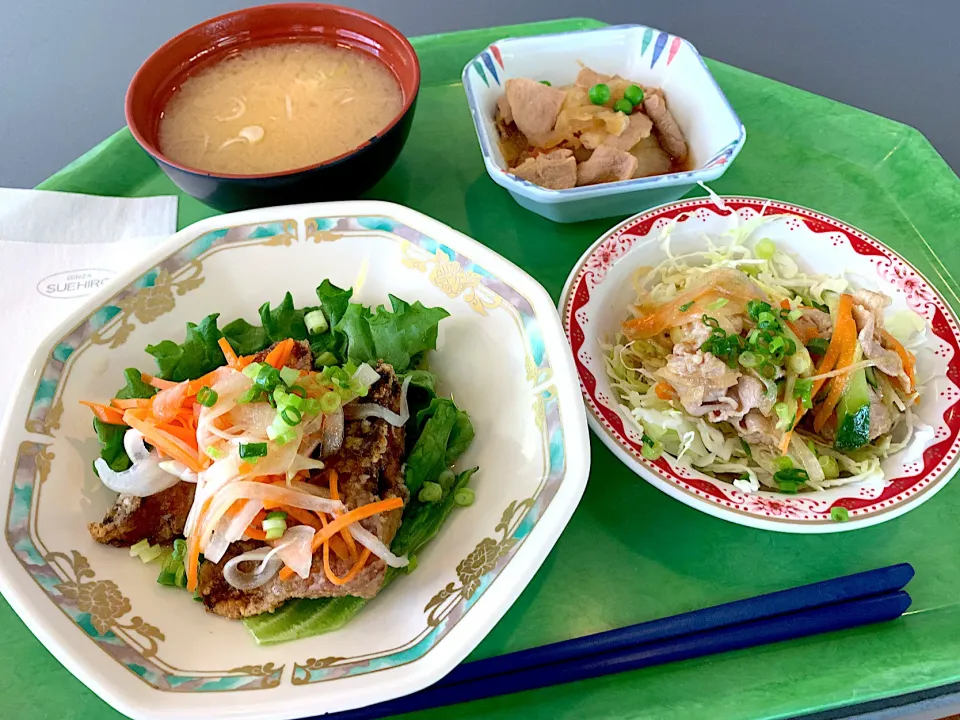 Snapdishの料理写真:あじの南蛮漬、肉じゃが、豚しゃぶサラダ、味噌汁|Tadahiko Watanabeさん