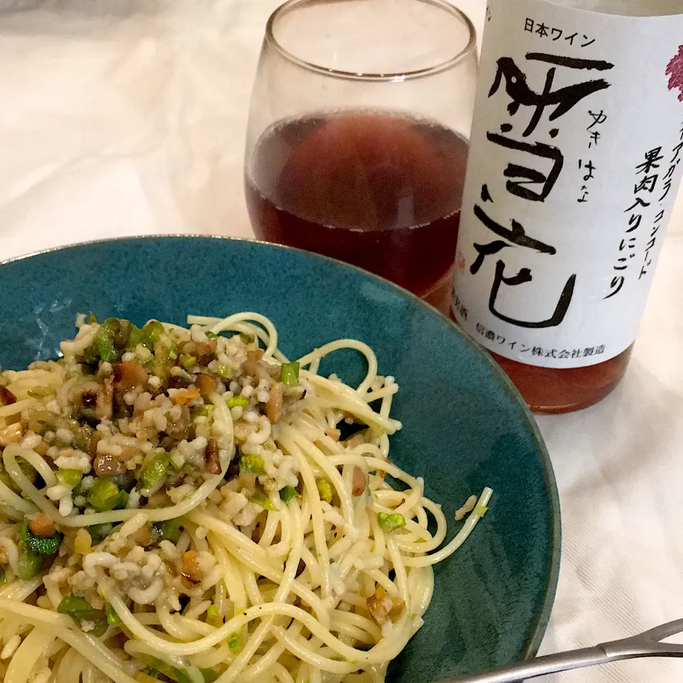 ふきのとうと椎茸のじくの和風パスタ🍝|べべべさん