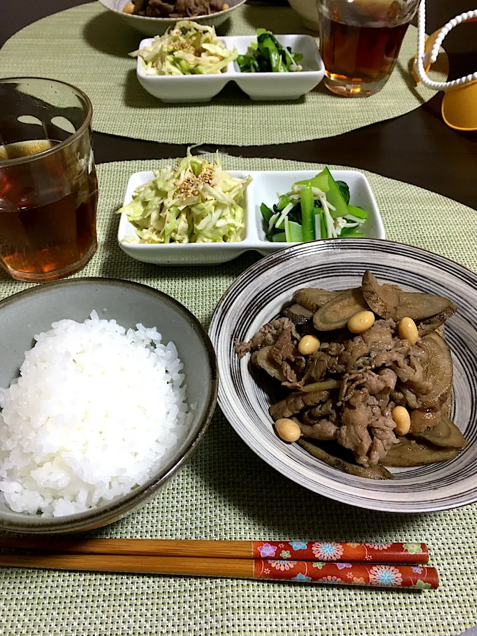 牛ごぼうのしぐれ煮、ごまだれキャベツ、小松菜のお浸し|ちぐあささん