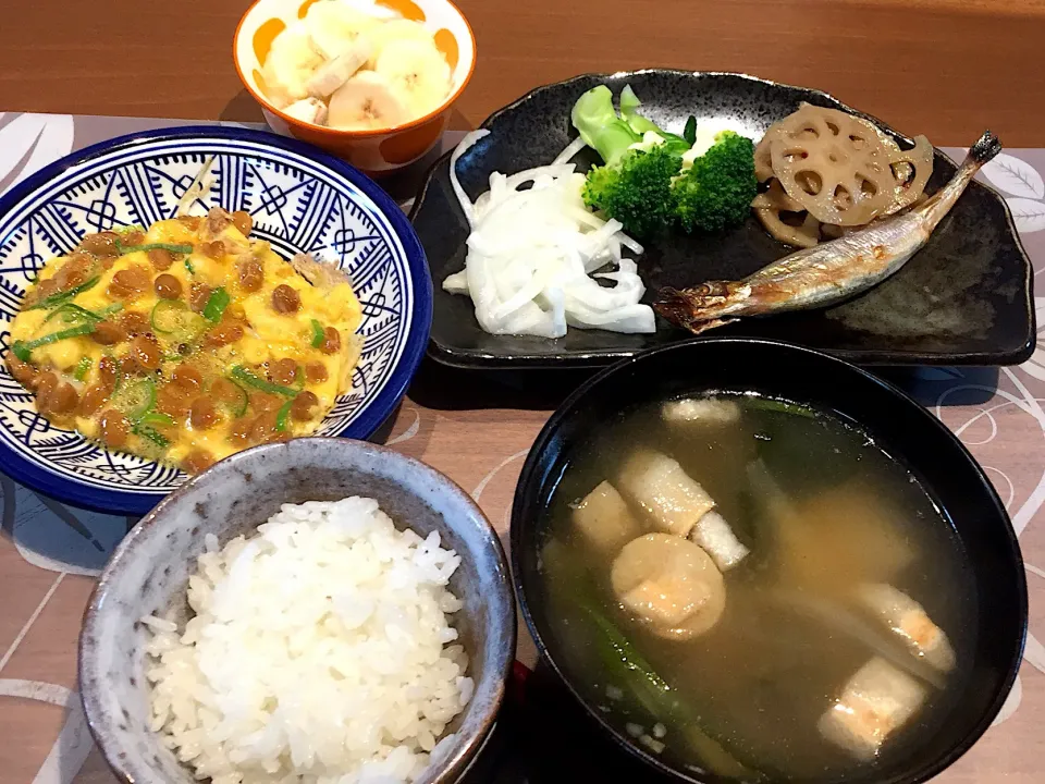 朝ごはん
焼きししゃも、ブロッコリー、レンコンきんぴら、玉ねぎマリネ、白米、納豆オムレツ、ワカメと玉ねぎの味噌汁、バナナ添えヨーグルト|かよちゃんさん