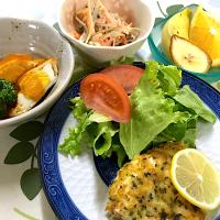 メカジキの香草焼き、卵の袋煮、ごぼうサラダ、バナナと八朔