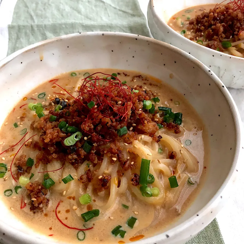 キムチ鍋の残りのスープで豆乳坦々うどん|あここさん