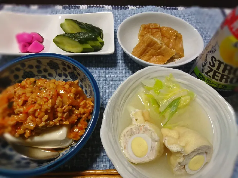 ★小料理屋 ちえこ お品書き★
☆鶏団子巾着
☆キムチ納豆豆腐
☆栃尾油揚げ
☆キュウリの糠漬けと紫蘇ニンニク
☆strongzeroﾀﾞﾌﾙｸﾞﾚﾌﾙ|☆Chieco☆さん