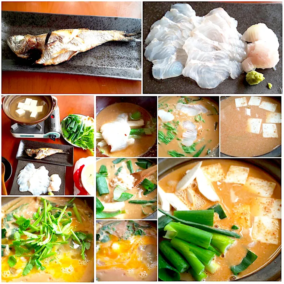 Snapdishの料理写真:Saturday  brunch🍴 平目とえんがわのお刺身･塩焼き黒むつ･あん肝豆腐鍋からのぉ芹雑炊|🌈Ami🍻さん