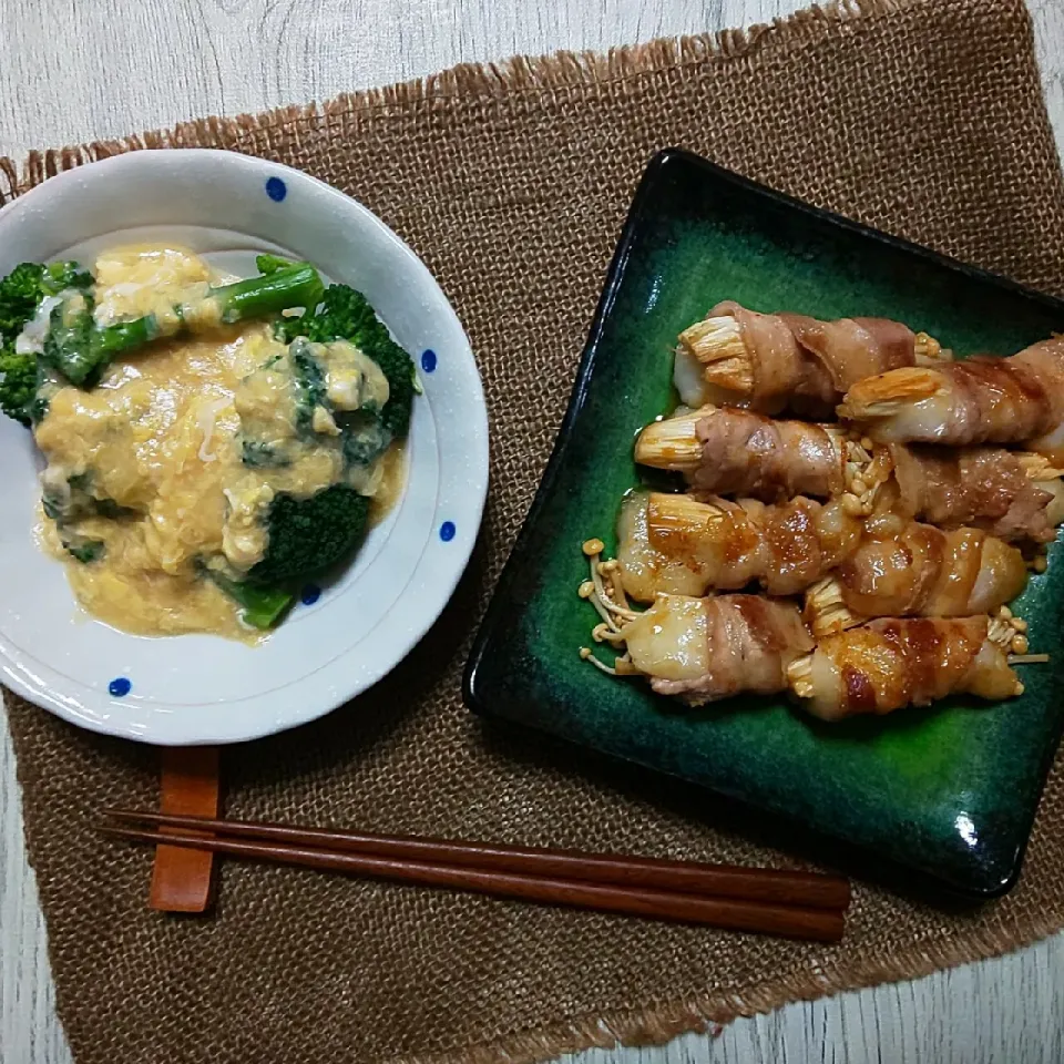 Snapdishの料理写真:ブロッコリーの中華卵あんと餅とえのきの豚肉巻き|真希さん