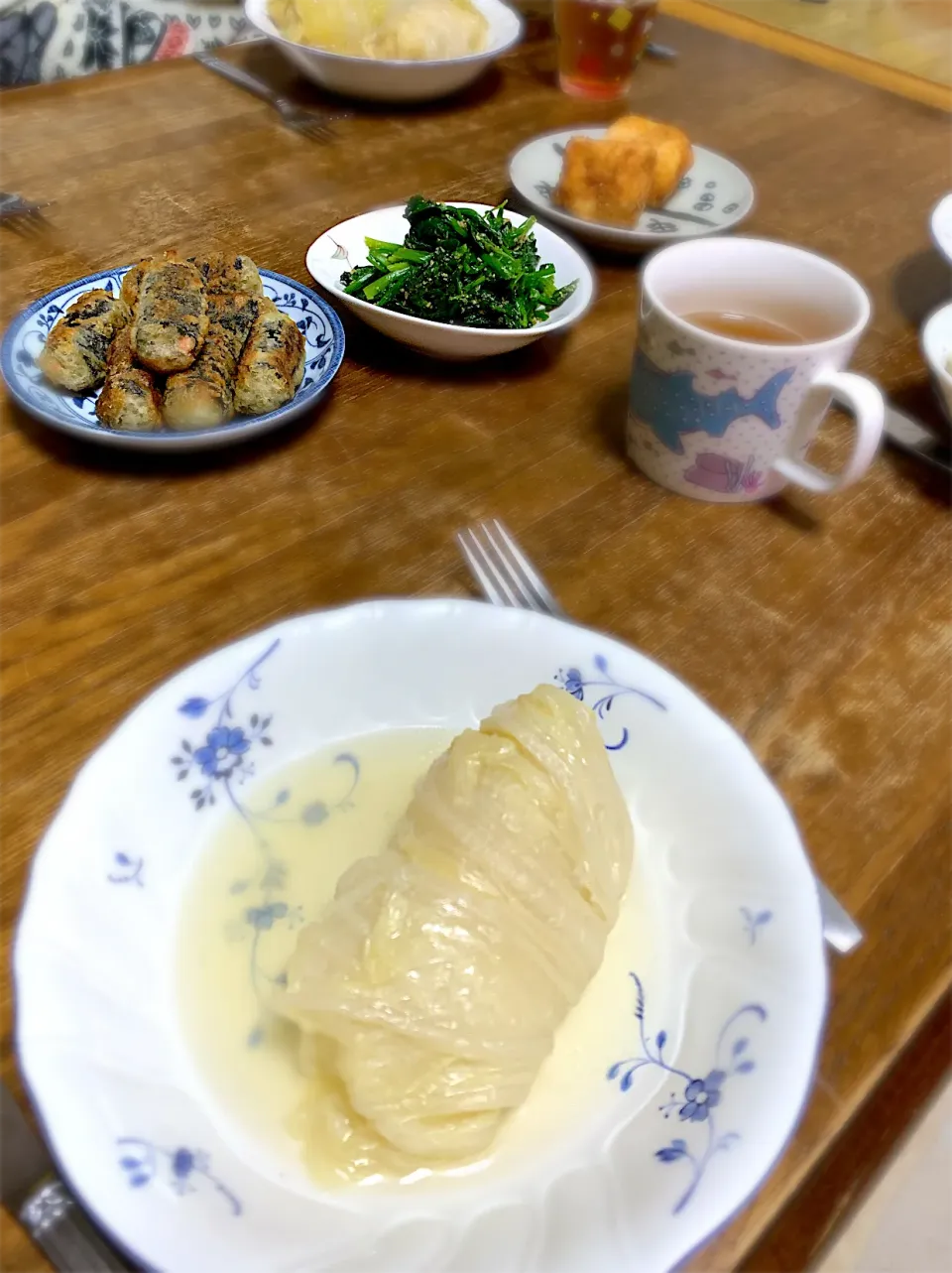 ロール白菜・ほうれん草の胡麻和え・春雨の磯辺揚げ|ちびろ菌さん