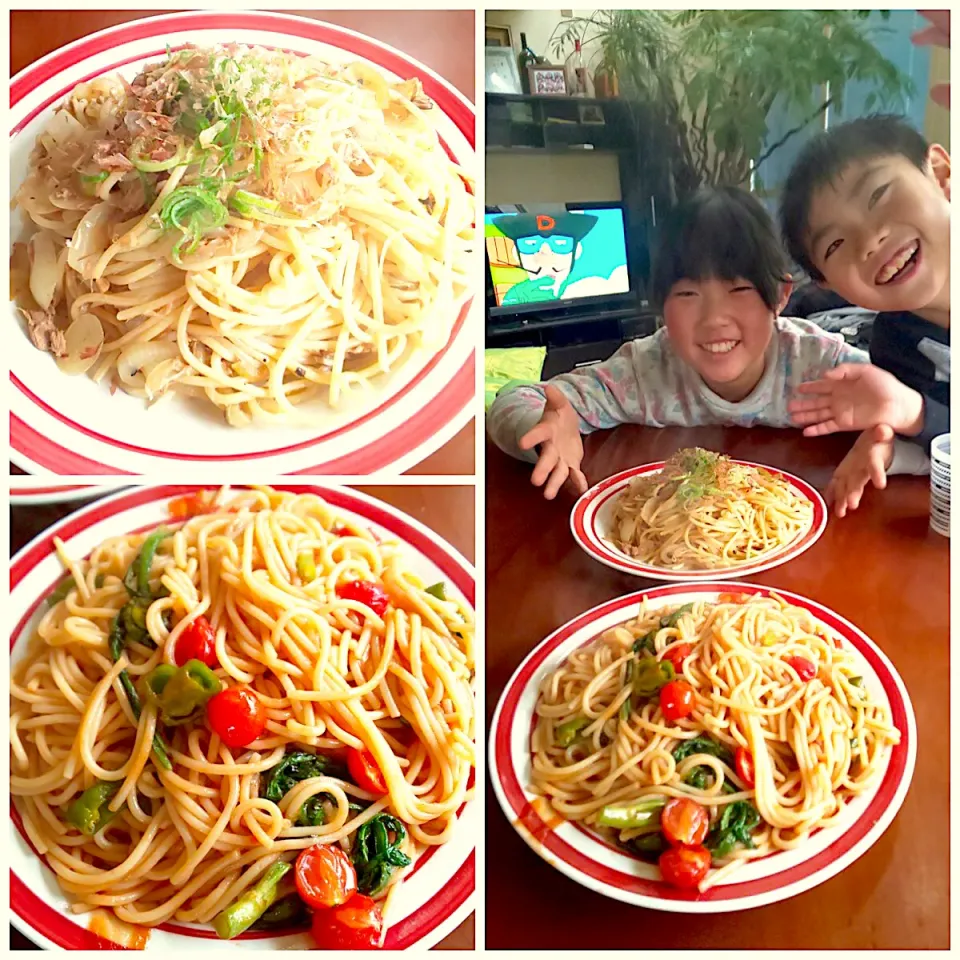 Sunday  brunch  by  daughter🍴ﾂﾅと玉ねぎの和風ﾊﾟｽﾀ･春菊のﾄﾏﾄﾊﾟｽﾀ|🌈Ami🍻さん