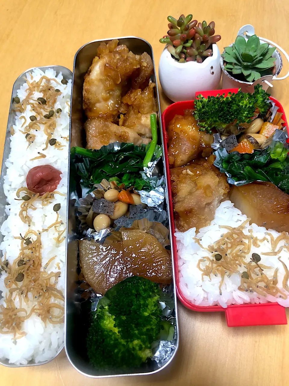 とりもも肉の生姜だれ　ほうれん草お浸し　五目豆　大根煮物　ブロッコリー🥦 弁当|Kumiko Kimuraさん