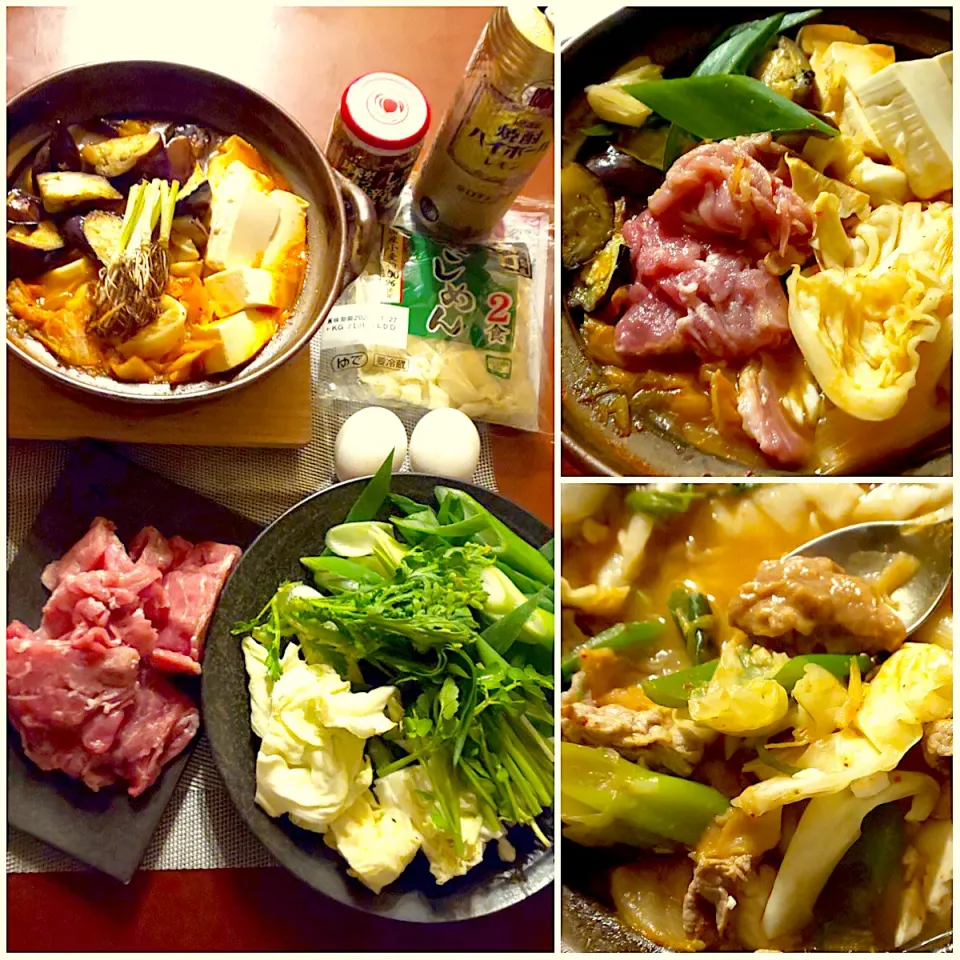 Snapdishの料理写真:Today's Dinner🍴豚肉ｷﾑﾁ鍋<野芹･春菊･豆腐･ｷｬﾍﾞﾂ･茄子･葱･ｷﾑﾁ･豚肉･きしめん･ご飯･卵>|🌈Ami🍻さん