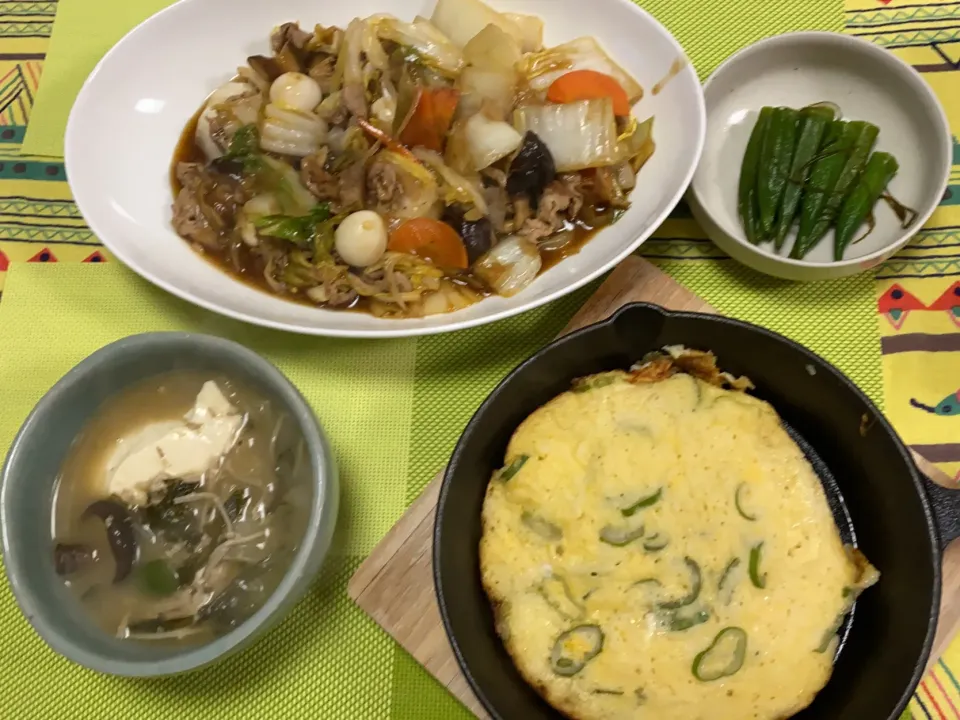 白菜と豚肉の中華炒め、長芋焼き、鱈ちり残りリメイク|peanutsさん