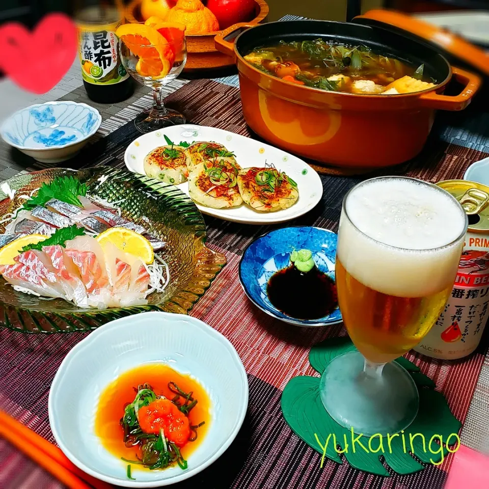 肉の日なのに
お魚づくしの日🐟

🍀あんこう鍋🍲
🍀鯛と鯵のお刺身
🍀大根もち
🍀デコポン🍊
🍀一番搾りで✨🍻🎶|yukaringoさん