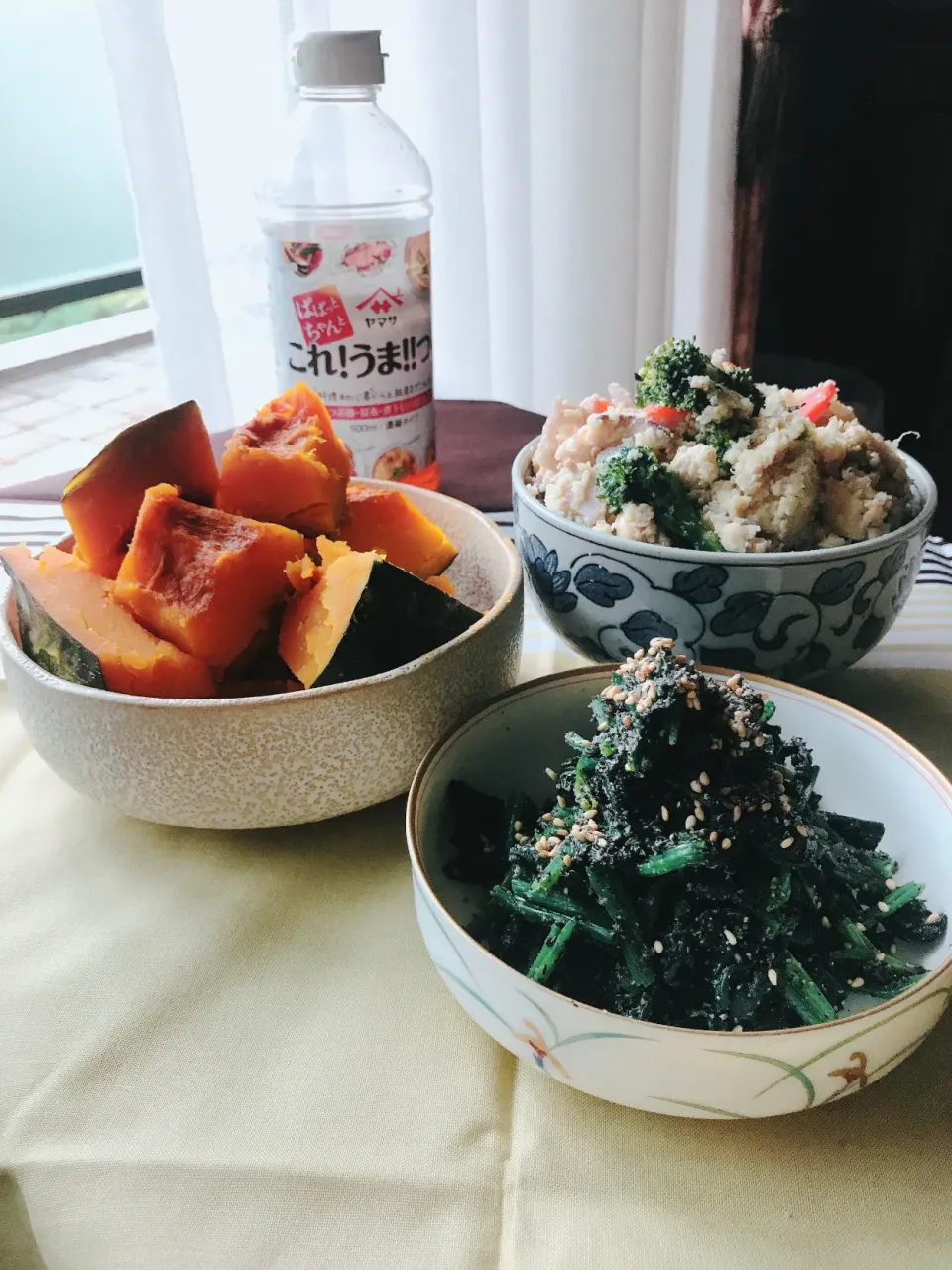 いつものお惣菜をこれ!うま!!つゆで〜菜の花卯の花・南瓜煮・ほうれん草の胡麻和え　　　#これうまつゆひろめ隊|とんちんさん