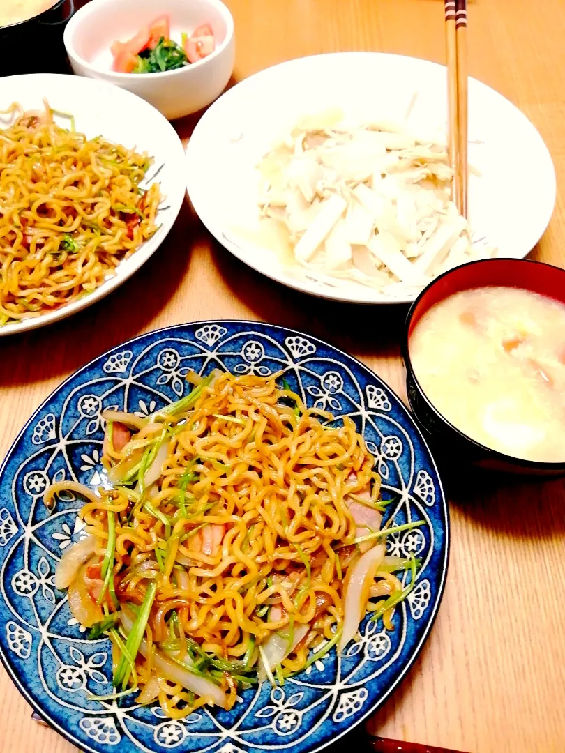 水蓮菜やきそば 大根えのき中華和え 
トマト小松菜の甘酢漬け トマト酸辣湯|いちみさん