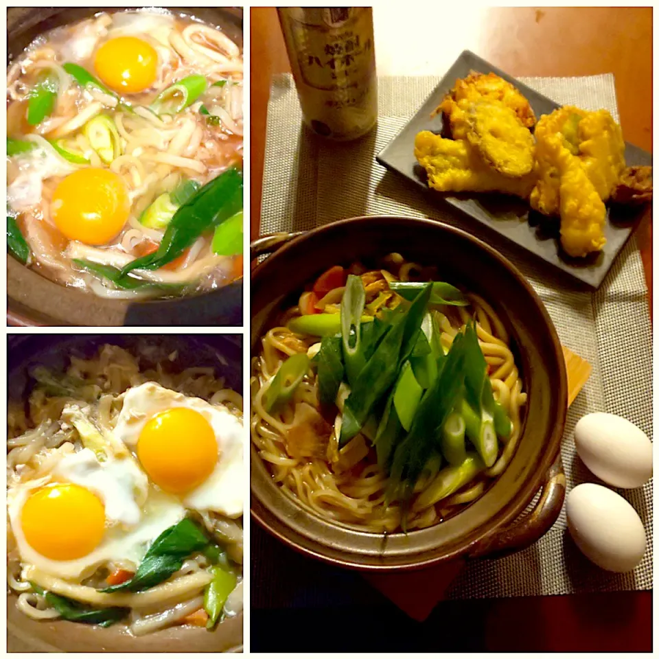 Today's Dinner🍴 鍋焼きうどん<お揚げ･こんにゃく･椎茸･根菜･お葱たっぷり>うどん2種･お魚3種とお野菜の天麩羅･落とし卵|🌈Ami🍻さん