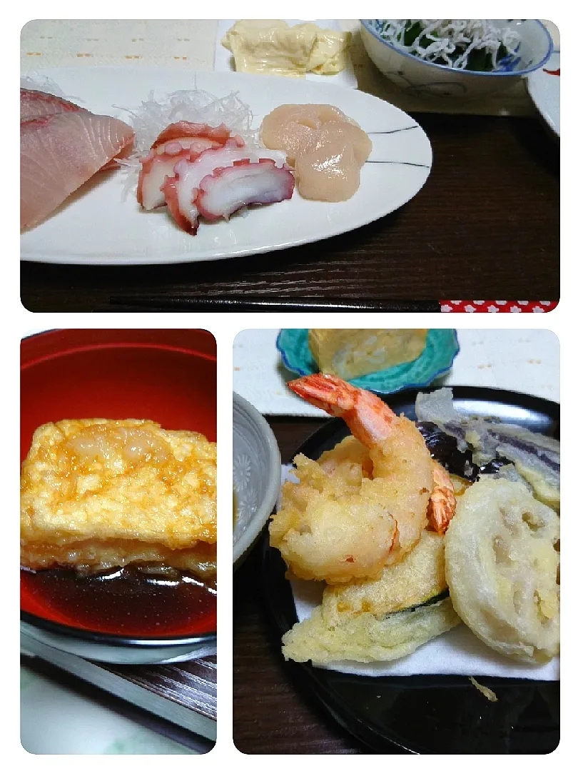 Snapdishの料理写真:★昨夜の夕飯★
☆かんぱちと蛸と帆立のお刺身
☆揚げ出し豆腐と湯葉
☆しらすホウレン草
☆天婦羅
☆黒糖焼酎(水割り)|☆Chieco☆さん