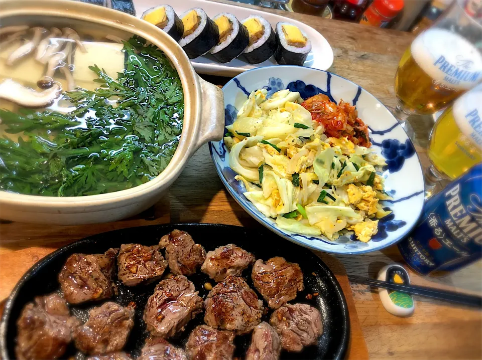 日曜夜は肉！　牛ヒレステーキ　湯豆腐　　　　巻き寿司（韓国苑）|じゅんさんさん