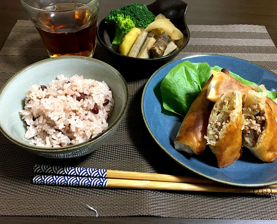 もやしと豚ひき肉の揚げない春巻き　じゃがたまごぼう煮　お赤飯|ちぐあささん