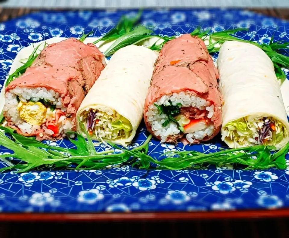 我が家の恵方巻き💗

🍀ロ－ストビ－フ巻き
　玉子、カニかま、クリチ、水菜入り
🍀トルティーヤ
　ハムとチーズ|yukaringoさん