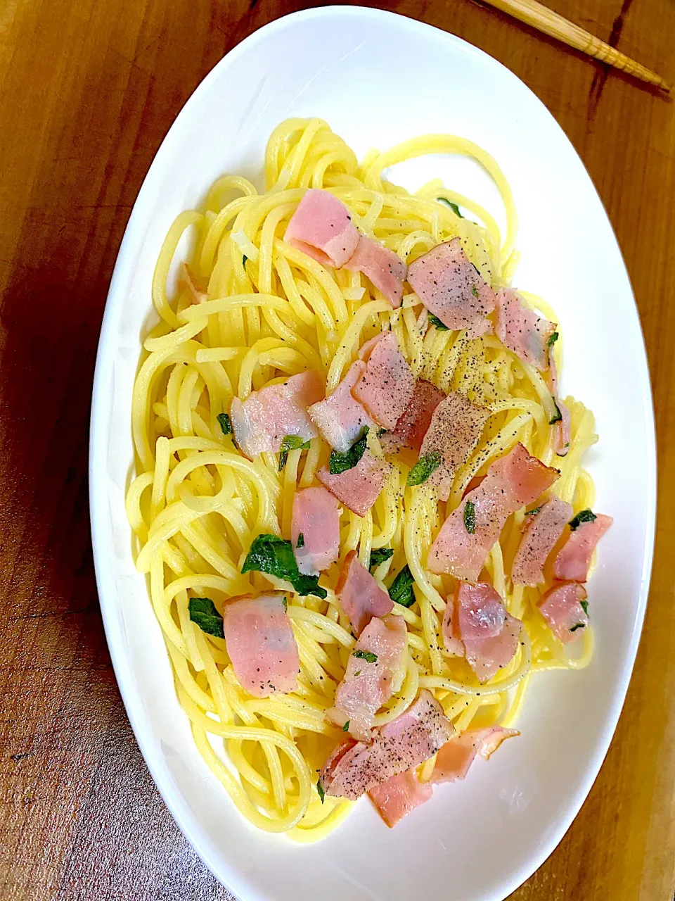 青じそバターベーコンのパスタ|名状しがたいゴミムシのようなものさん