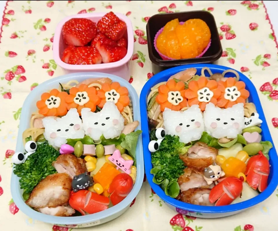 隠れミートスパゲティ弁当❤️和風スパゲティの間にミートソースが隠れてるよ☺️そしてスパゲティも猫ちゃんおにぎりで隠れてる😅|みちゅあしさん