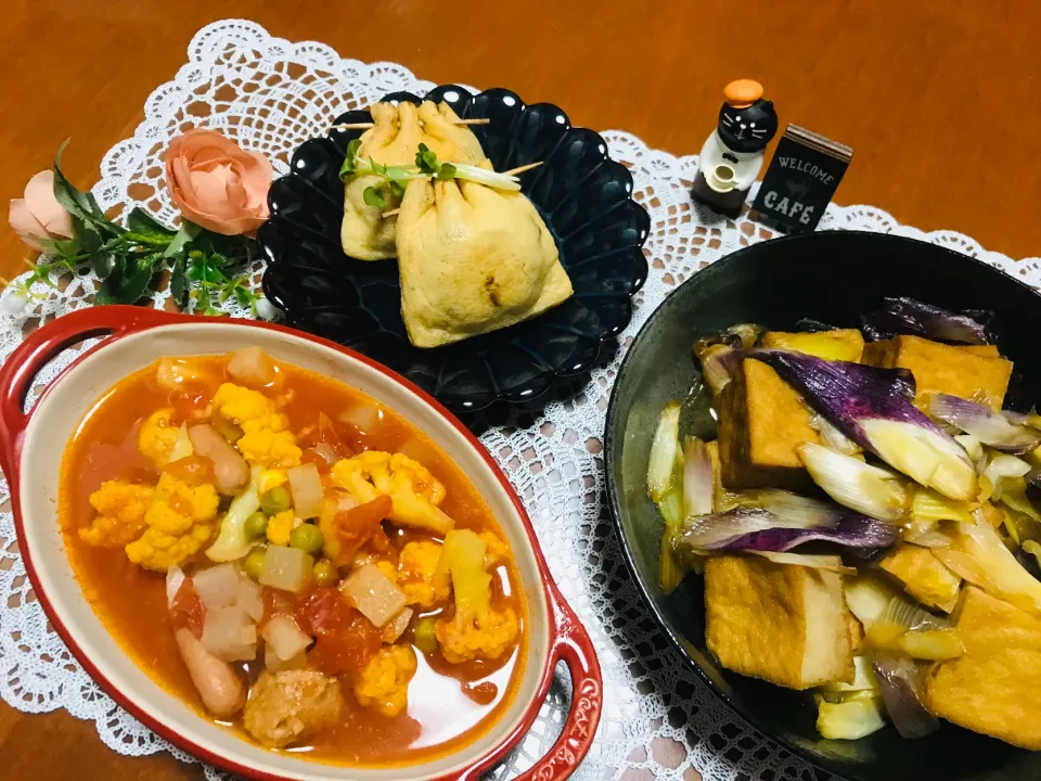 Snapdishの料理写真:「ミネストローネ」と「納豆入り油揚げ×揚げ」と「厚揚げと赤ネギの煮物」|バシュランさん