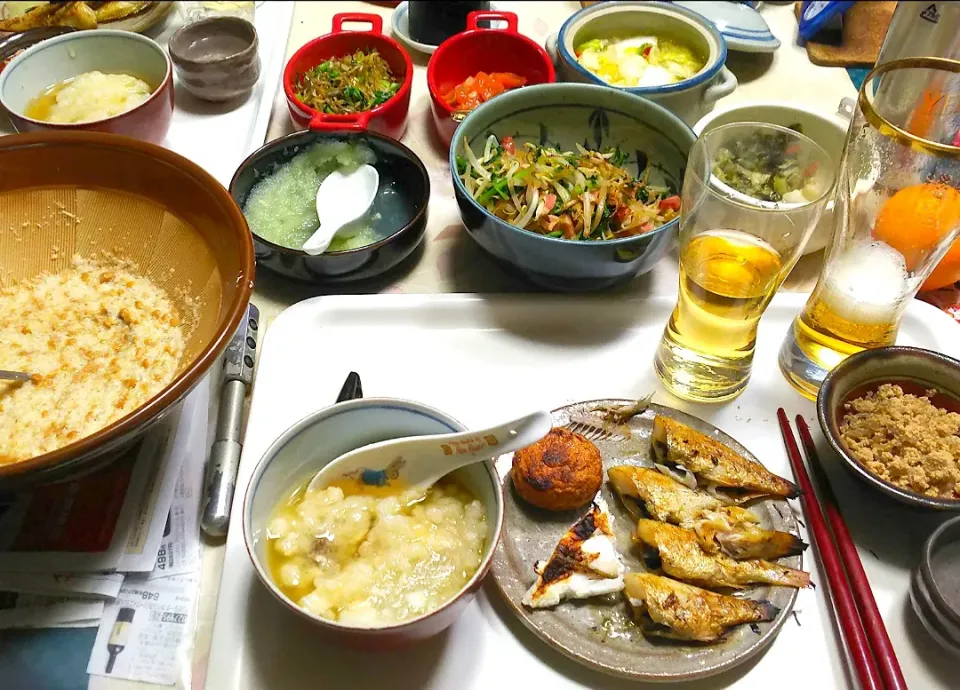 1/20(月) 夕食 ノドグロの干物。かぶら蒸しモドキ(^^;)。野菜炒め。納豆とろろ。|へいちゃんさん