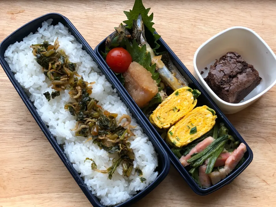 柳葉魚のチーズ掛け&自家製デコポン マーマレードのチョコブラウニー 弁当|弁当 備忘録さん