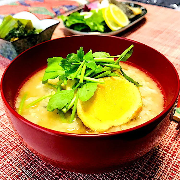 ソイ雑炊味噌仕立。超しっとりソイの真子煮乗せ。(*☻-☻*)‼️休日の朝ごはん。|イチロッタさん