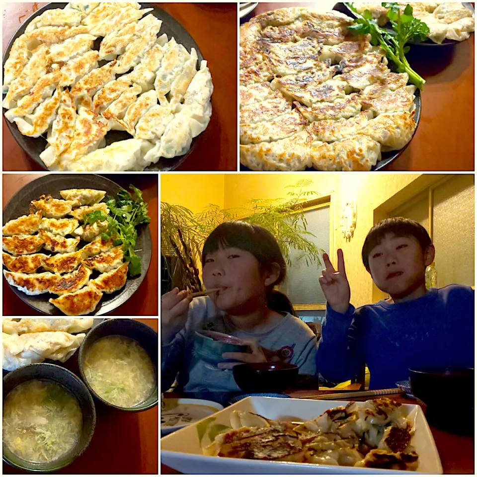 Snapdishの料理写真:Making dumplings✌️餃子作り〜 by kids Today's Dinner🍴ﾗﾑ&ﾎﾟｰｸ餃子･新米･しめじとかき卵ｽｰﾌﾟ|🌈Ami🍻さん