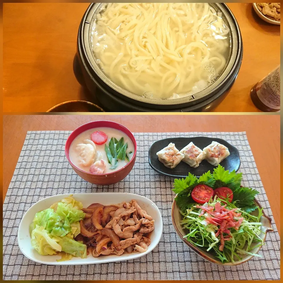 ☆釜揚げうどん
☆豚肉しょうが焼き
☆焼きシュウマイ
☆カリカリベーコンミックスサラダ
☆粕汁|chikakoさん