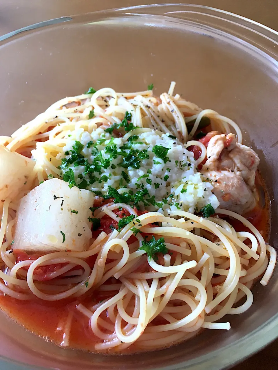 大根と鶏肉と無農薬レモンの滋味スープ♡をアレンジしてトマトスープスパに(●☌◡☌●)|さくたえさん